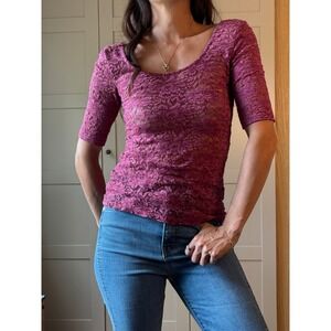 Mudd Womens Y2K Magenta Pink Floral Lace Scoop Neck Half Sleeve Top Size Small